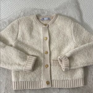 Zara Cream Bouclé Crewneck Cardigan with Gold Buttons